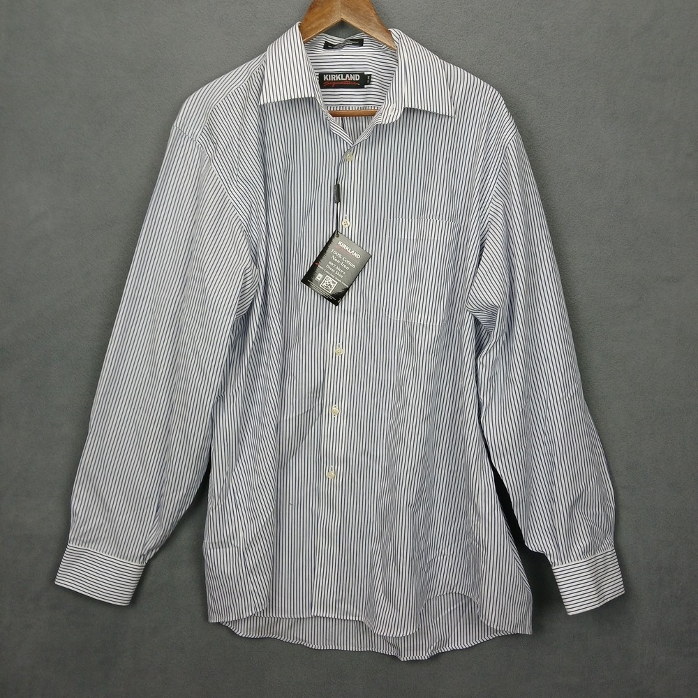 Kirkland Signature Non Iron Dress Shirt Mens 17 Blue White Striped Cotton Formal